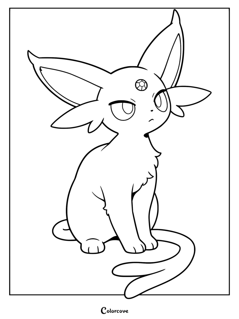 A clean line art coloring page featuring the psychic-type Espeon sitting calmly with its signature forehead gem and split tail.