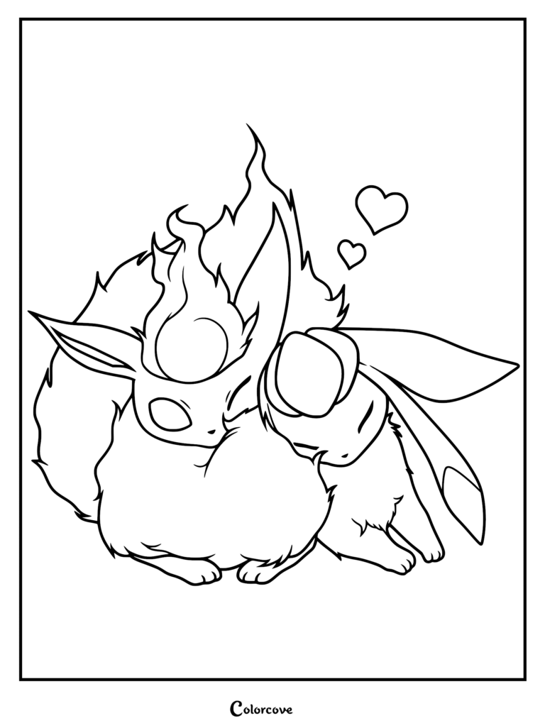 A printable coloring page featuring Flareon and Glaceon cuddling together with small hearts floating above them.