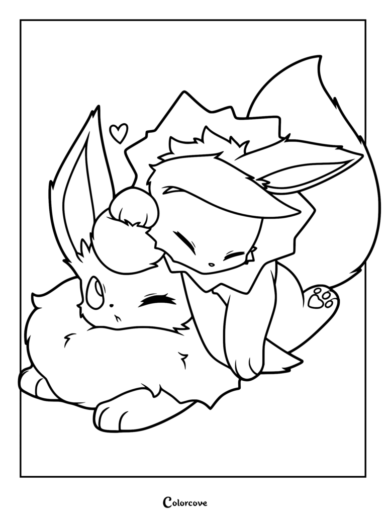 Flareon and Jolteon cuddling together in a cute coloring page with a small heart icon above them.