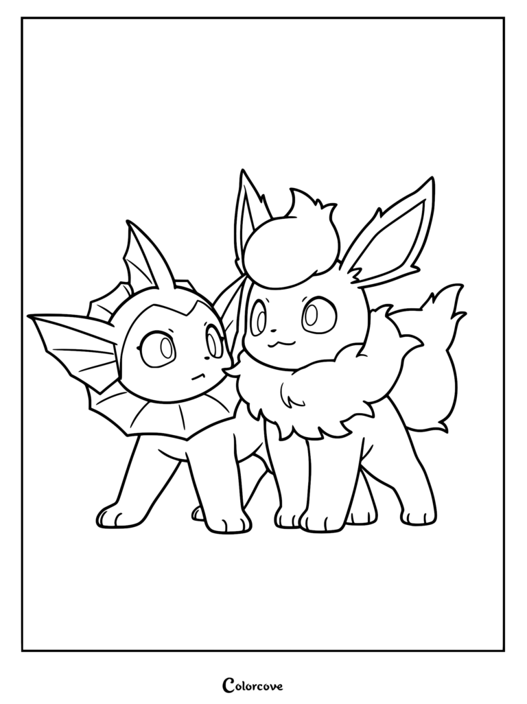 A printable coloring page featuring Flareon and Vaporeon standing side by side with clean line art.