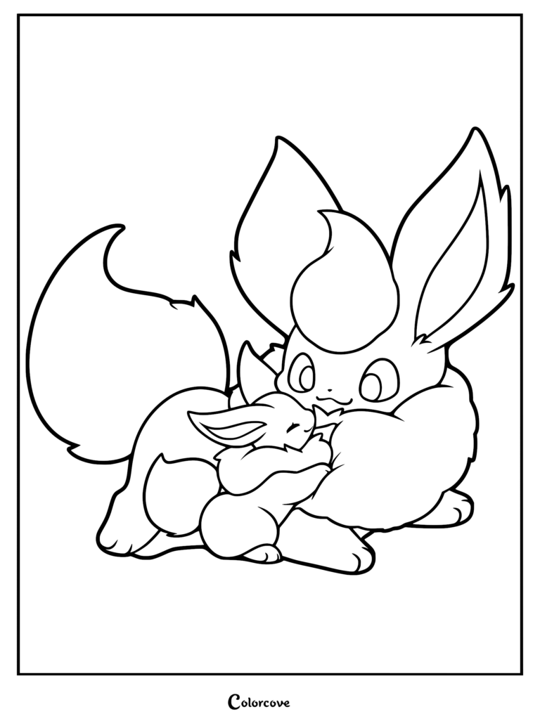 A printable coloring page featuring Flareon gently cuddling a small Eevee in a heartwarming embrace.