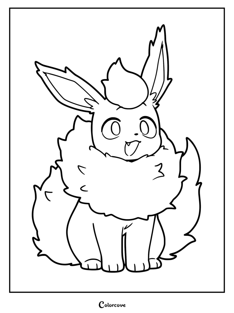 A cute Flareon with a fluffy neck ruff and large ears in a line art coloring page style.