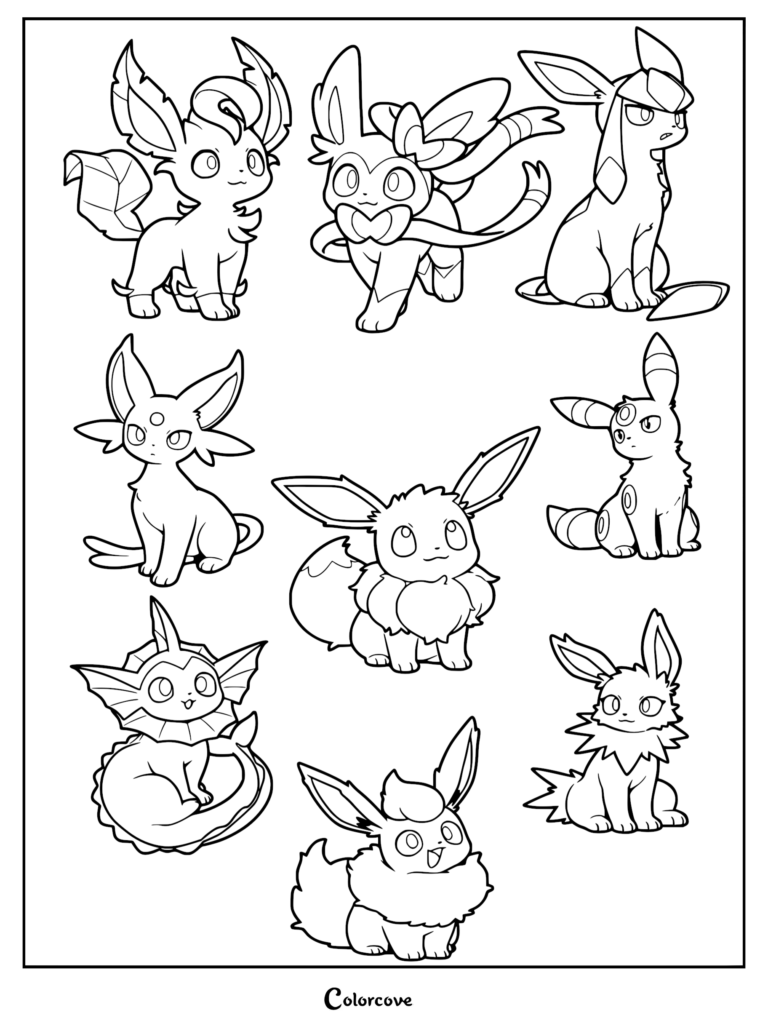 Eevee and all eight of its evolutions gathered together.