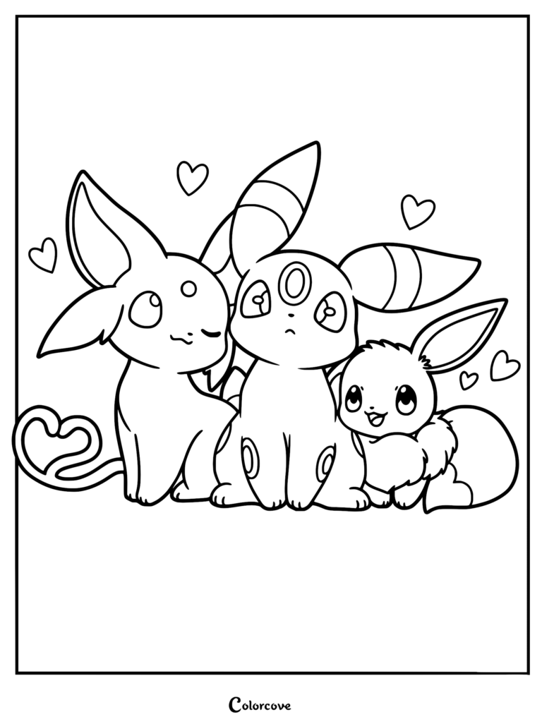 Espeon, Umbreon, and Eevee sitting together surrounded by floating hearts in this printable coloring page.