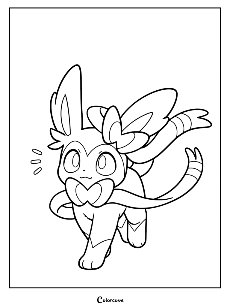 A line art coloring page of Sylveon with its ribbon-like feelers flowing and a surprised expression with floating ovals.