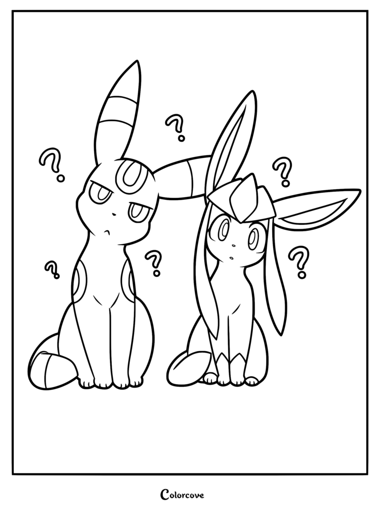 Line art coloring page featuring a confused Umbreon and Glaceon surrounded by floating question marks.