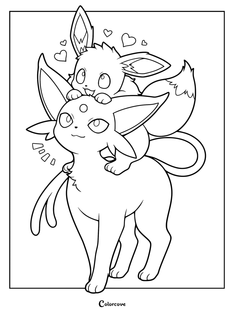 Eevee sitting on the head of its psychic type evolution, Espeon, in this adorable printable coloring page.