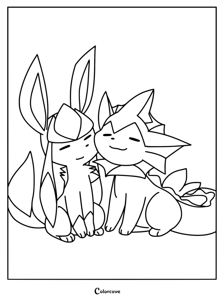 Glaceon and Vaporeon sitting together in a cute coloring page illustration.