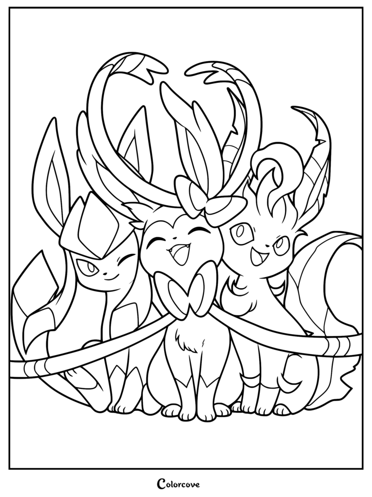 Glaceon, Sylveon, and Leafeon standing together in a happy group pose for this printable coloring page.
