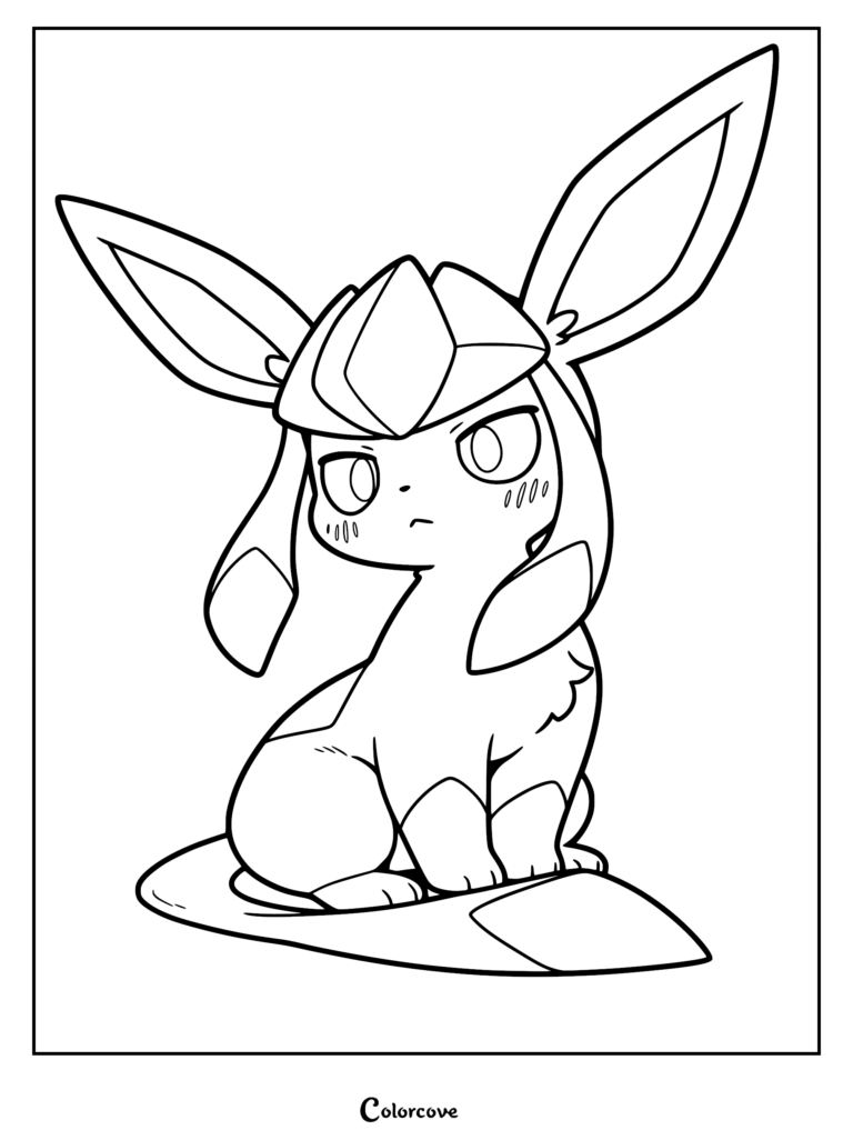 A printable coloring page featuring Glaceon sitting with its signature ice-crest headpiece and long ears.