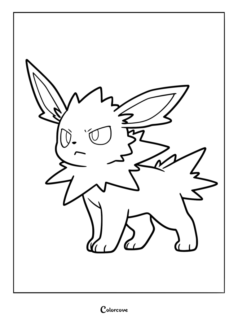A clean line art coloring page featuring the electric-type Pokemon Jolteon standing with a determined expression.