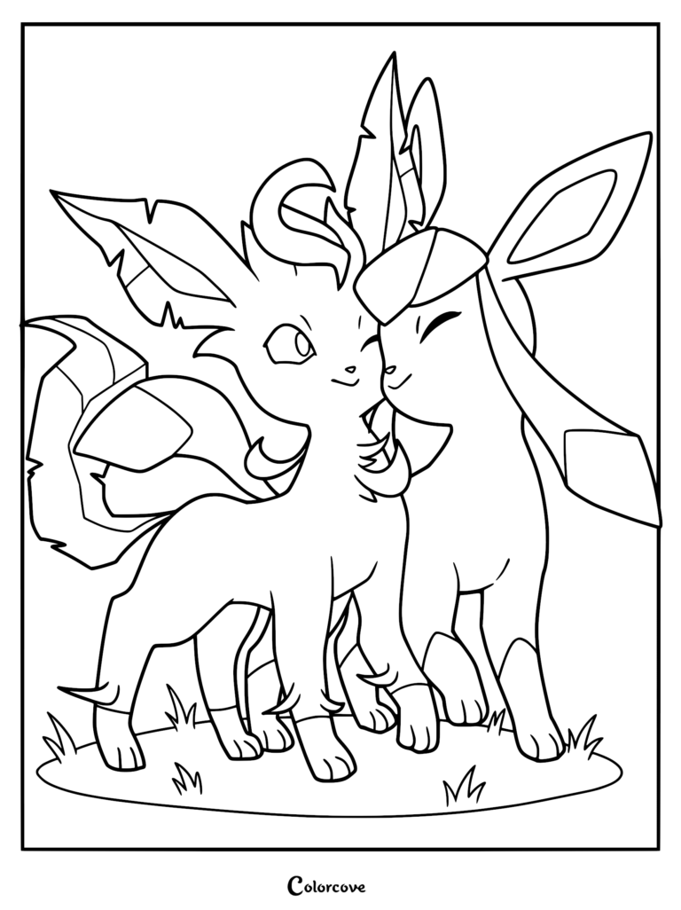 Leafeon and the Ice-type Glaceon standing together in a friendly pose on a coloring page.
