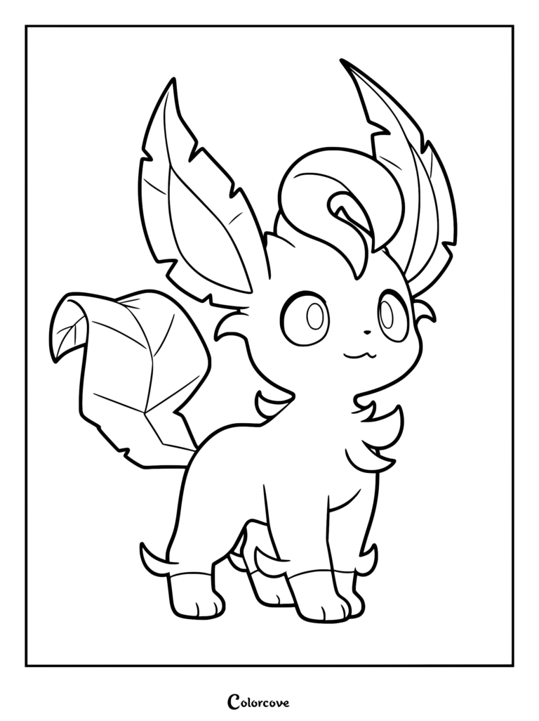 A cute Leafeon with large leaf-shaped ears and a leafy tail in this printable coloring page.