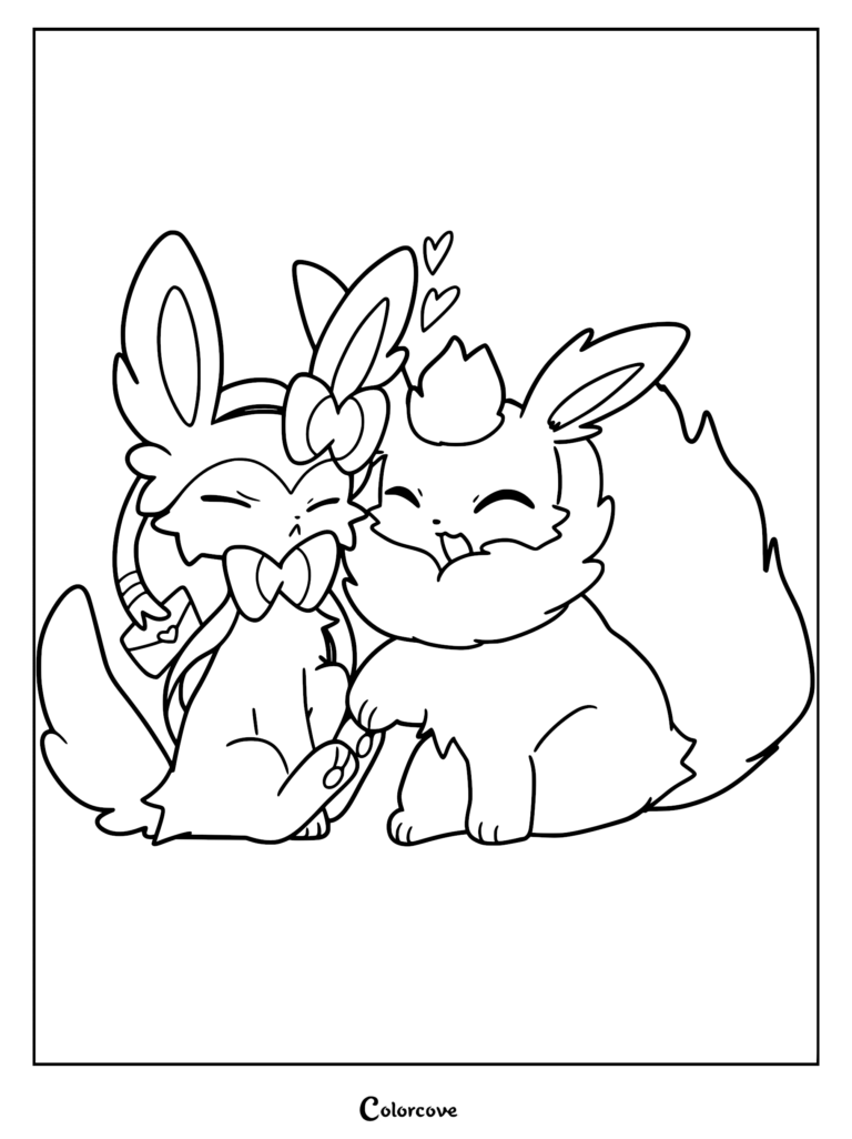 Sylveon and Flareon sitting together with hearts above their heads in this printable coloring page.