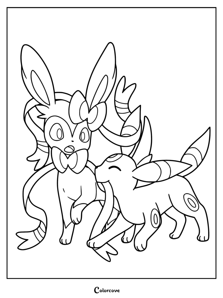 Sylveon and Umbreon coloring page featuring Sylveon with ribbons and Umbreon playing together in a line art style.