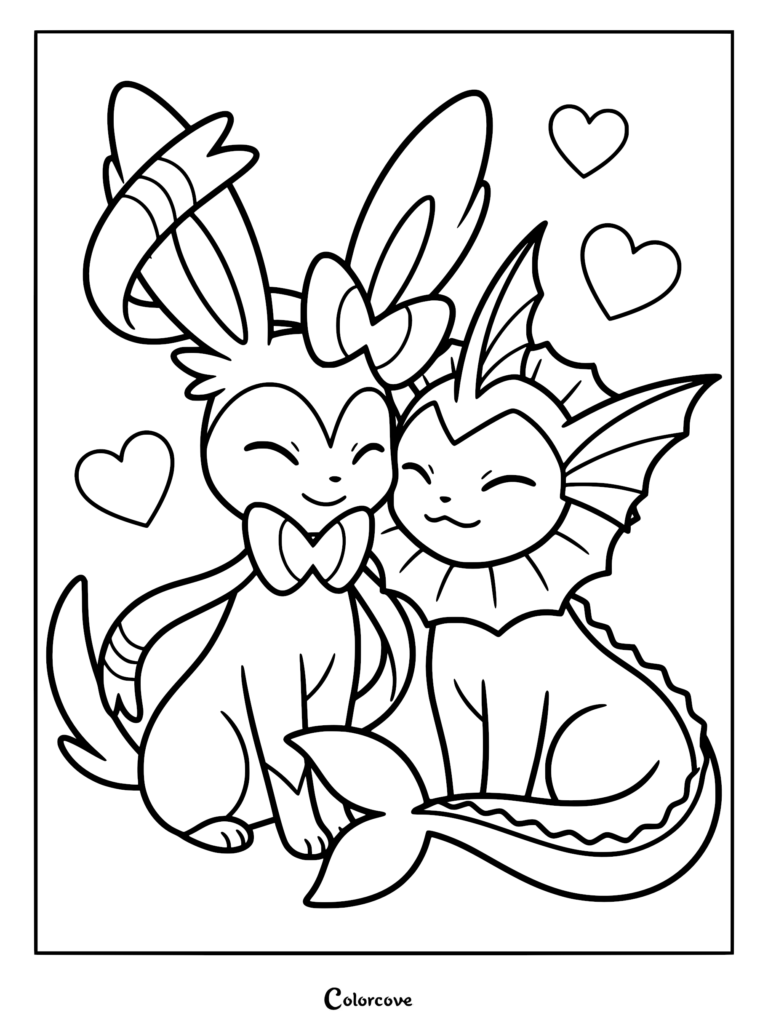 Sylveon and Vaporeon sitting together with hearts in a line art coloring page.