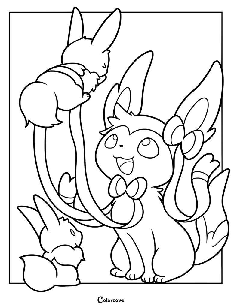 Sylveon using its ribbon-like feelers to lift a small Eevee while another Eevee watches in this adorable coloring page.