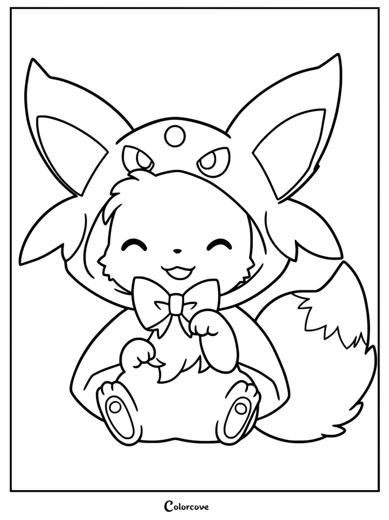 Eevee wearing an Espeon poncho with a bow tie, printable coloring page.