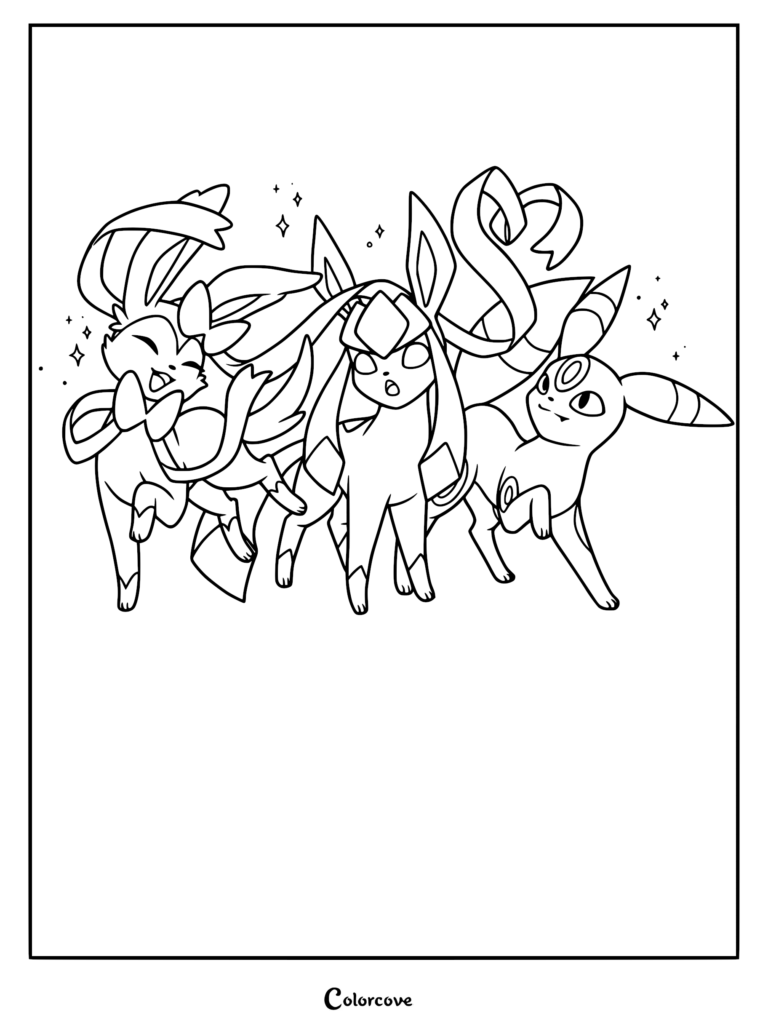A printable coloring page featuring Sylveon, Glaceon, and Umbreon standing together with sparkling stars in the background.