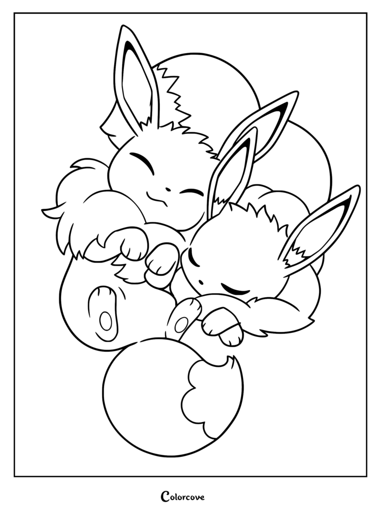 Two Eevees cuddling together in a peaceful nap, line art coloring page.