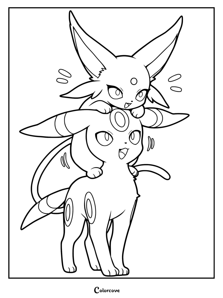 Espeon sitting on top of Umbreon in this adorable line art coloring page.