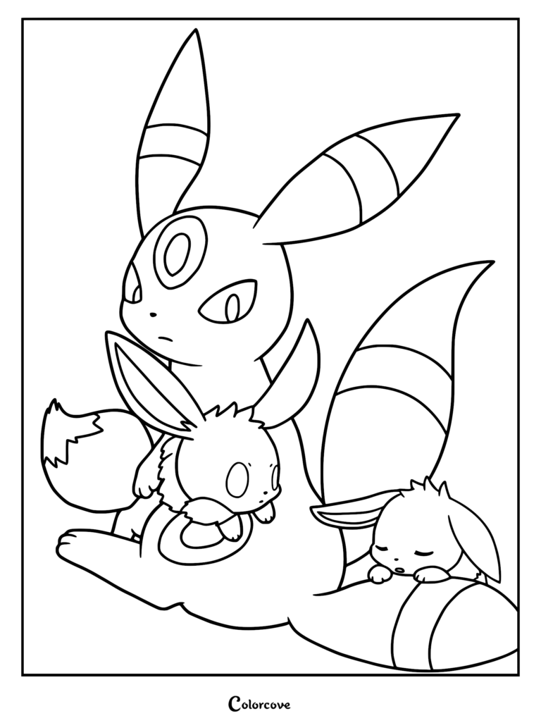 A printable coloring page featuring a protective Umbreon sitting with two small Eevee, one awake and one sleeping.