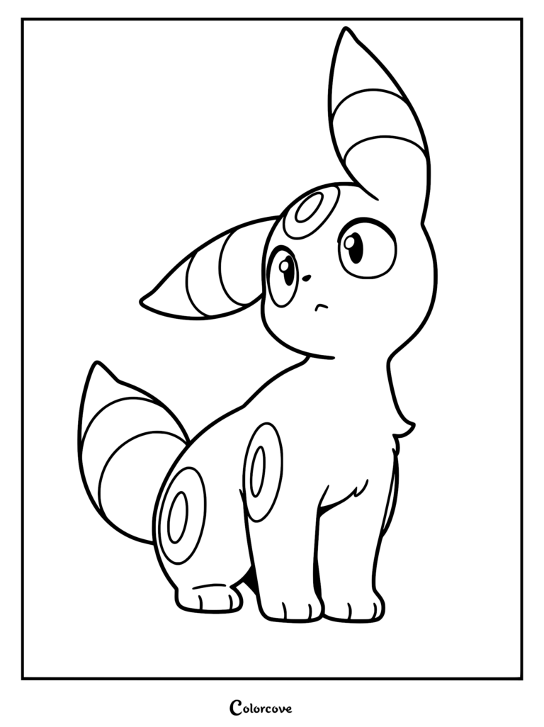 A cute Umbreon sitting and looking up in this printable coloring page.
