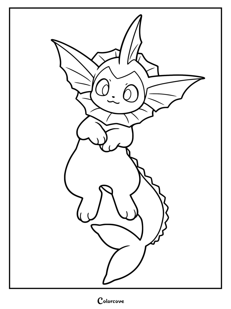 A cute Vaporeon with large eyes and a finned tail in a line art coloring page style.