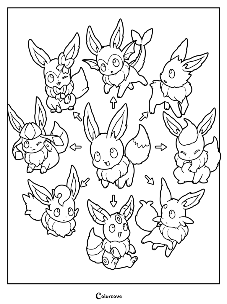 An adorable Eeveelution coloring page featuring Eevee surrounded by Vaporeon, Jolteon, Flareon, Espeon, Umbreon, Leafeon, Glaceon, and Sylveon.