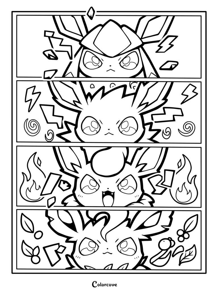Printable coloring page featuring an Adorable Eeveelution comic panel illustration of Glaceon, Jolteon, Flareon, and Leafeon.