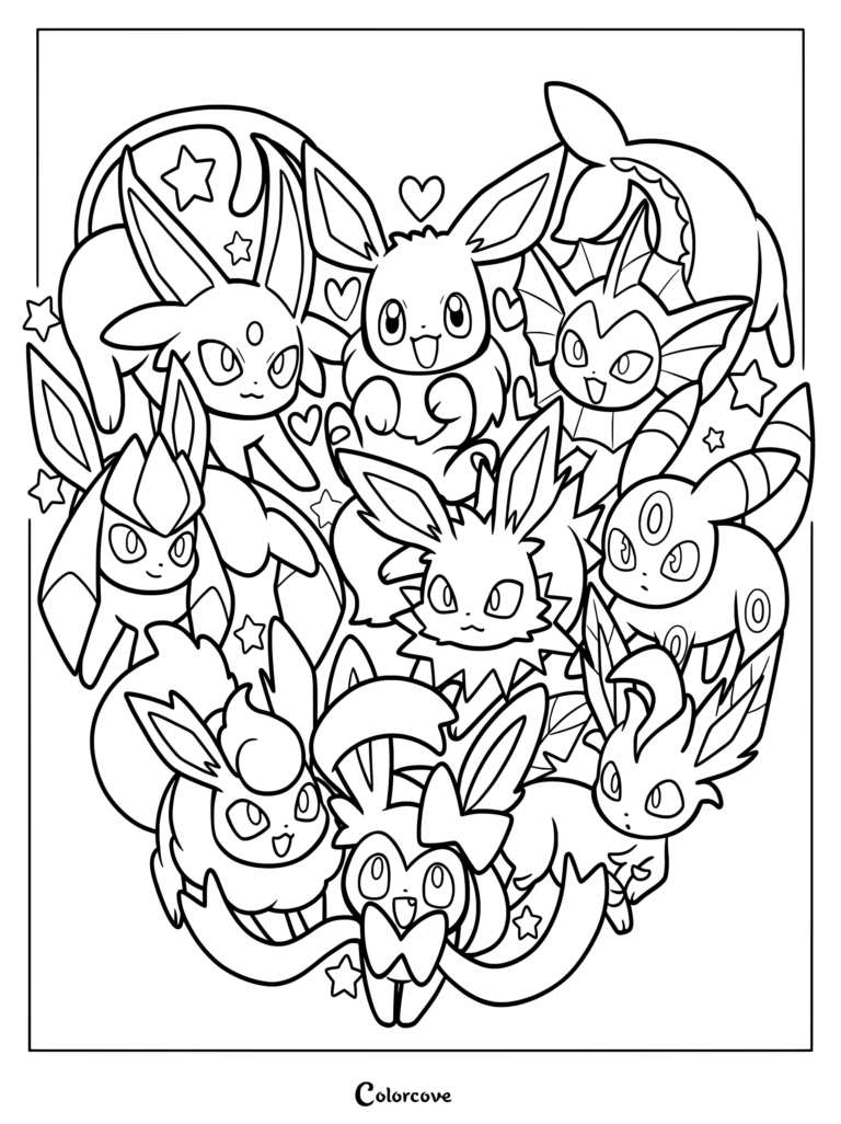An adorable Eeveelution coloring page featuring Eevee and all of its eight evolutions arranged in a colorful heart shape.