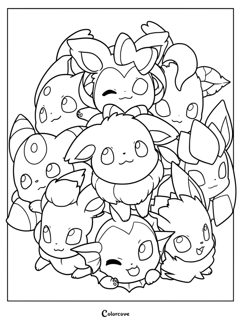 Adorable Eeveelution coloring page featuring a cute chibi-style pile of Eevee surrounded by Vaporeon, Jolteon, Flareon, Espeon, Umbreon, Leafeon, Glaceon, and Sylveon.