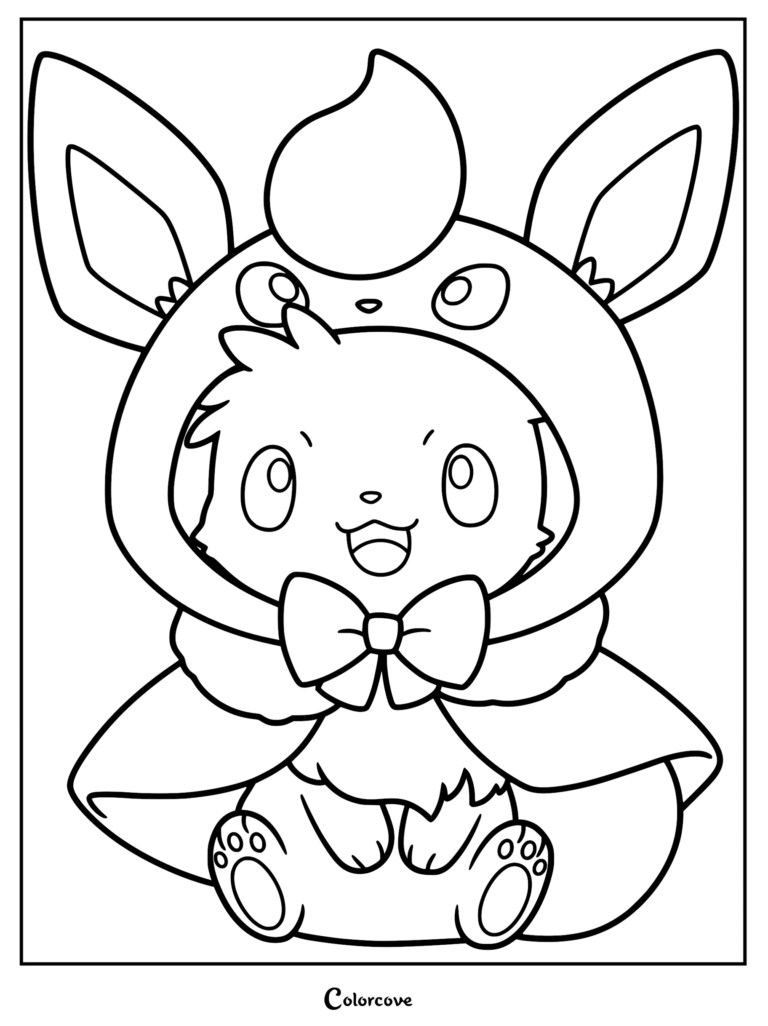 Eevee wearing a Flareon poncho with a bow tie, printable coloring page.