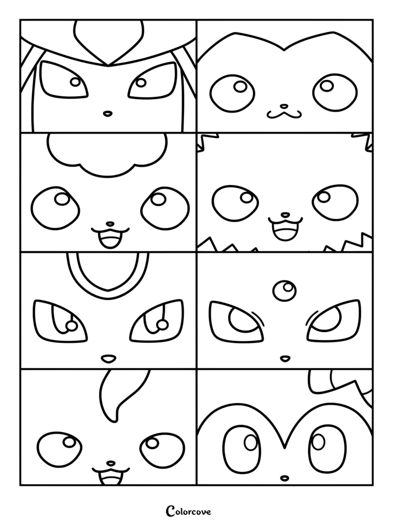 An adorable Eeveelution coloring page featuring a minimalist graphic collage of the stylized, square-shaped faces of eight Pokémon evolutions.