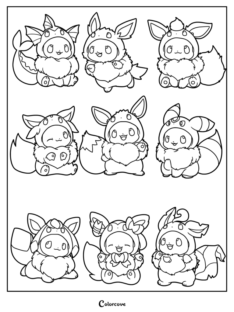 Adorable Eeveelution coloring page featuring cute Eevee illustrations wearing removable hoodies modeled after Vaporeon, Jolteon, Flareon, Espeon, Umbreon, Glaceon, and Sylveon.