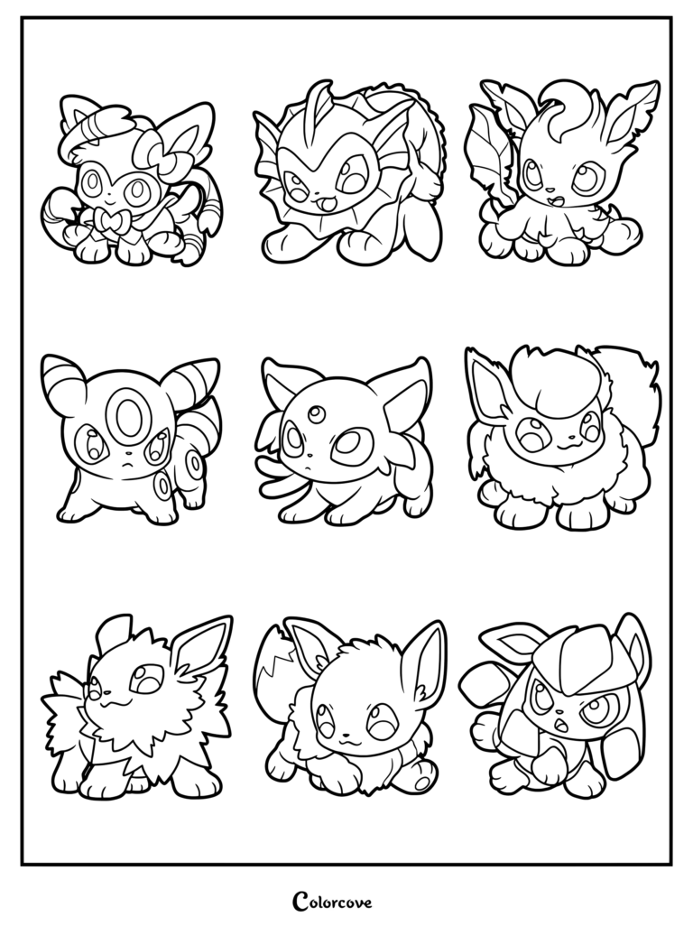 An adorable Eeveelution coloring page featuring Eevee and all eight of its elemental Eeveelutions drawn in a chibi art style.