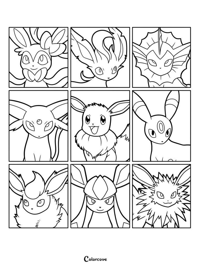 pop art grid features Eevee and its evolutionary line.