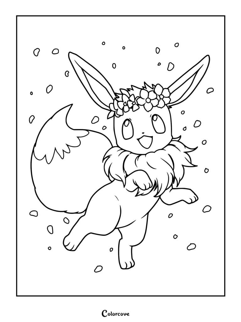 Eevee wearing a flower crown in a snowfall coloring page