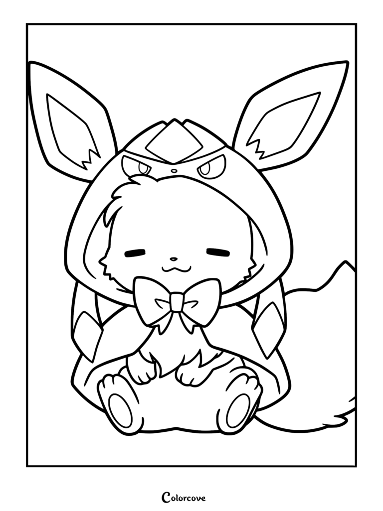 Eevee wearing a Glaceon poncho with a cute bow, printable coloring page for kids.