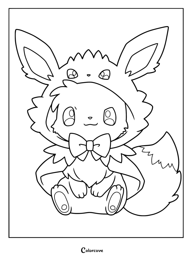 Eevee wearing a Jolteon Poncho with a cute bow tie in this printable coloring page.