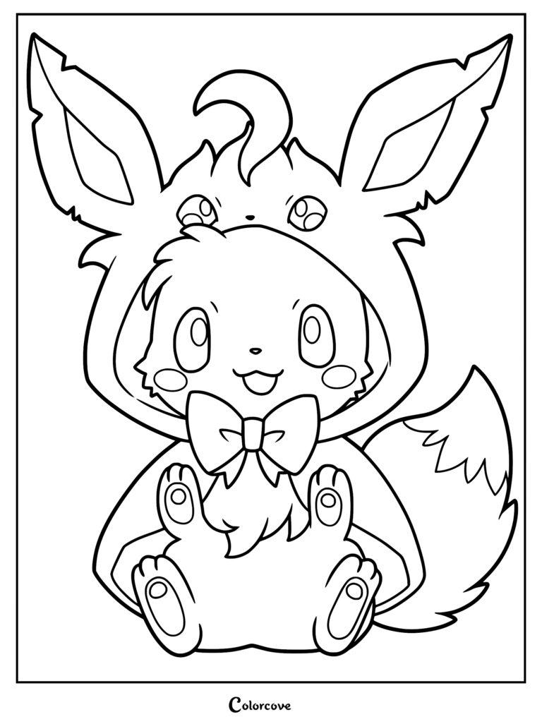 Eevee wearing a Leafeon poncho with a bow tie in this printable coloring page.