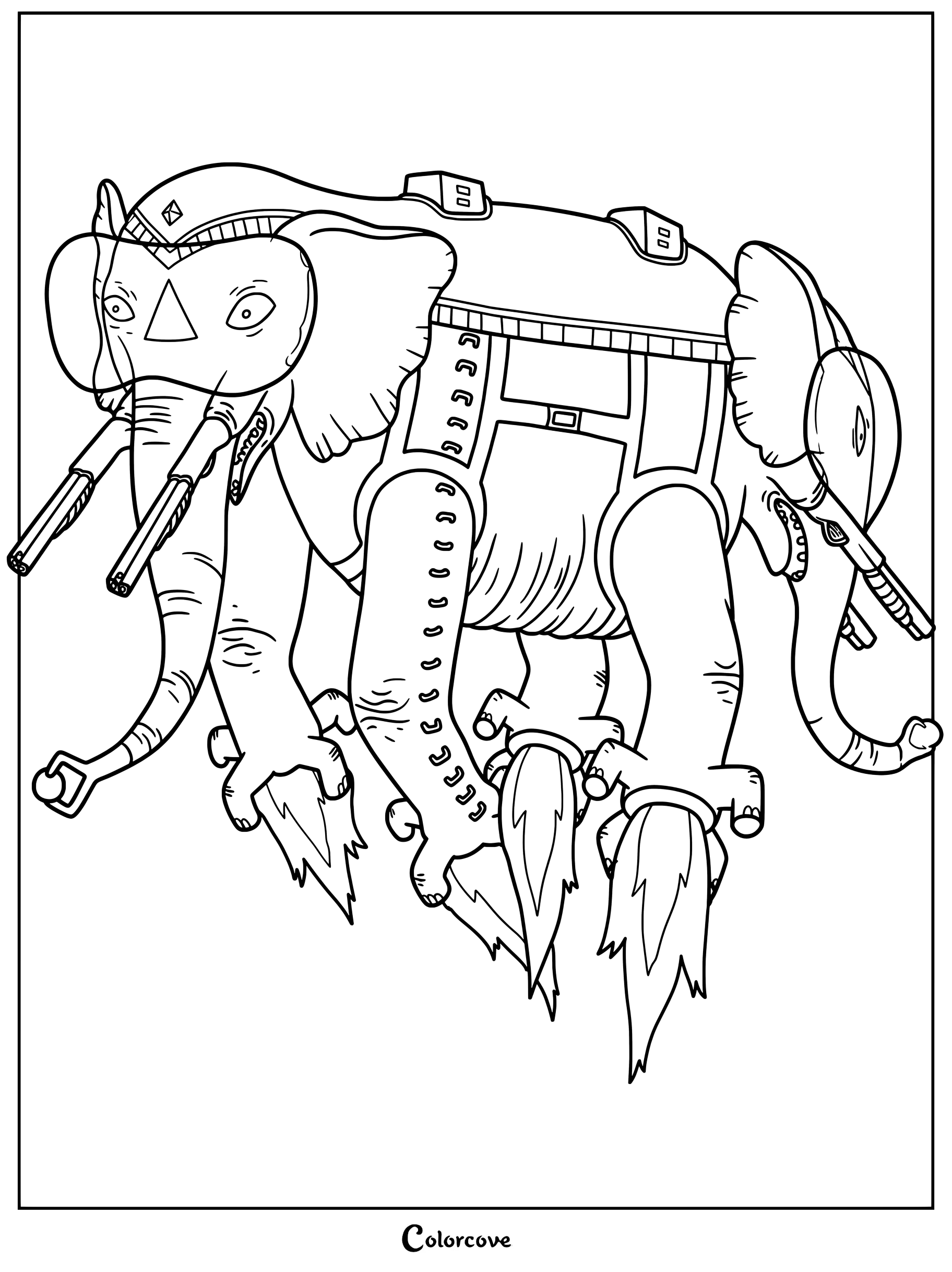Detailed coloring page of the Ancient Psychic Tandem War Elephant flying with jet boosters and wearing goggles.
