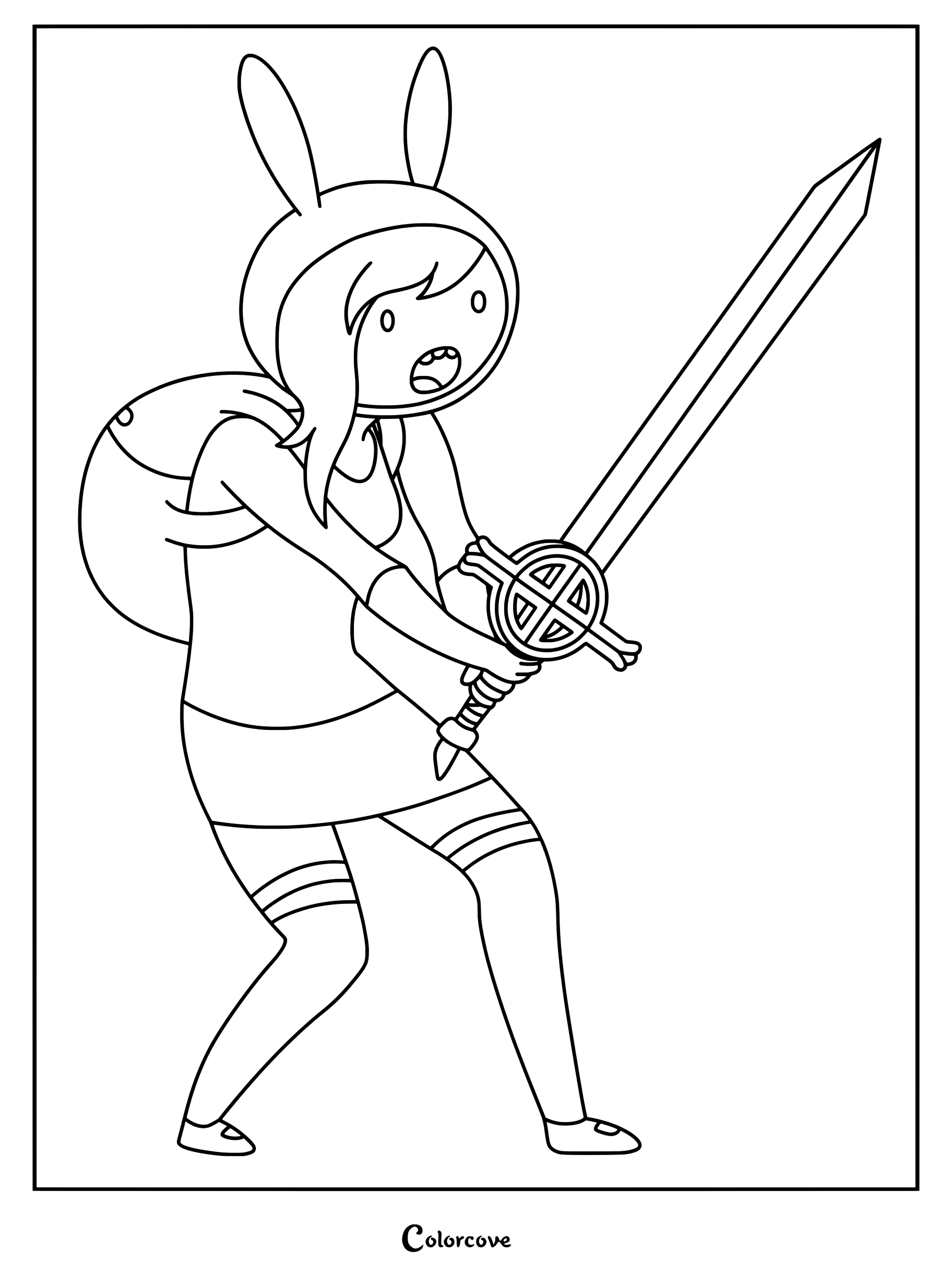Simple coloring page of Fionna the Human holding her sword in a ready stance.
