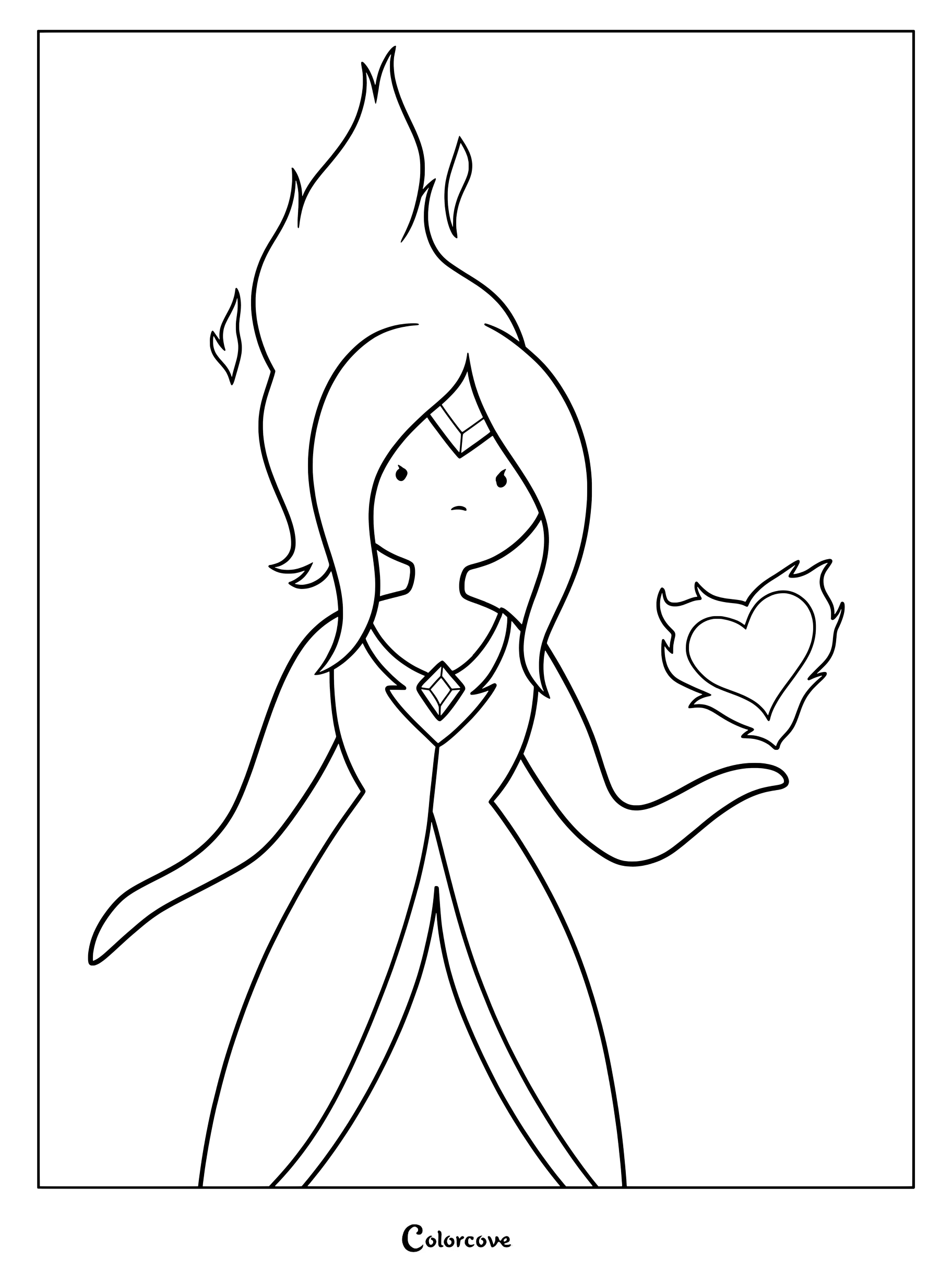Simple Fire Princess coloring page featuring her holding a flaming heart in her hand.