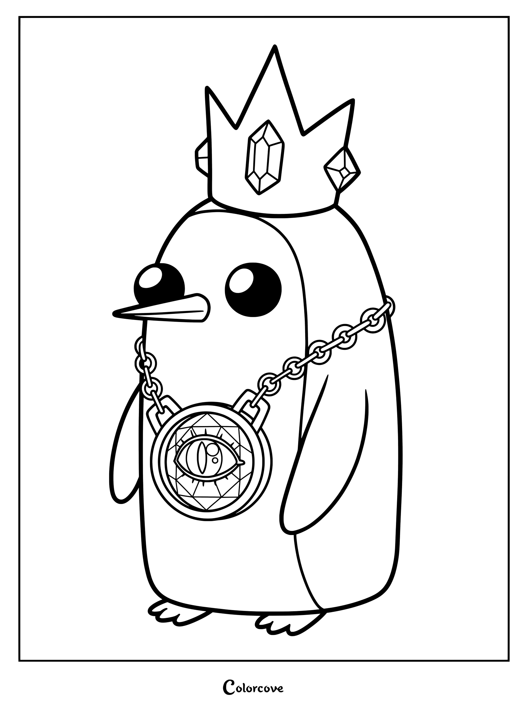 Simple coloring page of Gunther the penguin wearing the Ice King's crown and a large eye amulet necklace.