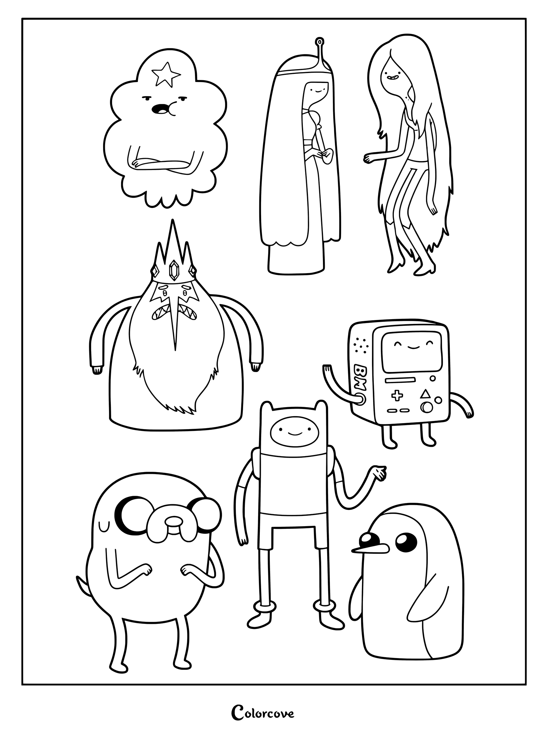 Detailed Adventure Time coloring page featuring Lumpy Space Princess, Princess Bubblegum, Marceline, Ice King, BMO, Jake, Finn, and Gunter.