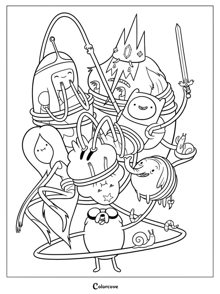Coloriage détaillé d'Adventure Time mettant en scène Finn, Jake, Princesse Chewing-Gum, Le Roi des Glaces, Marceline et Tronc d'Arbre.