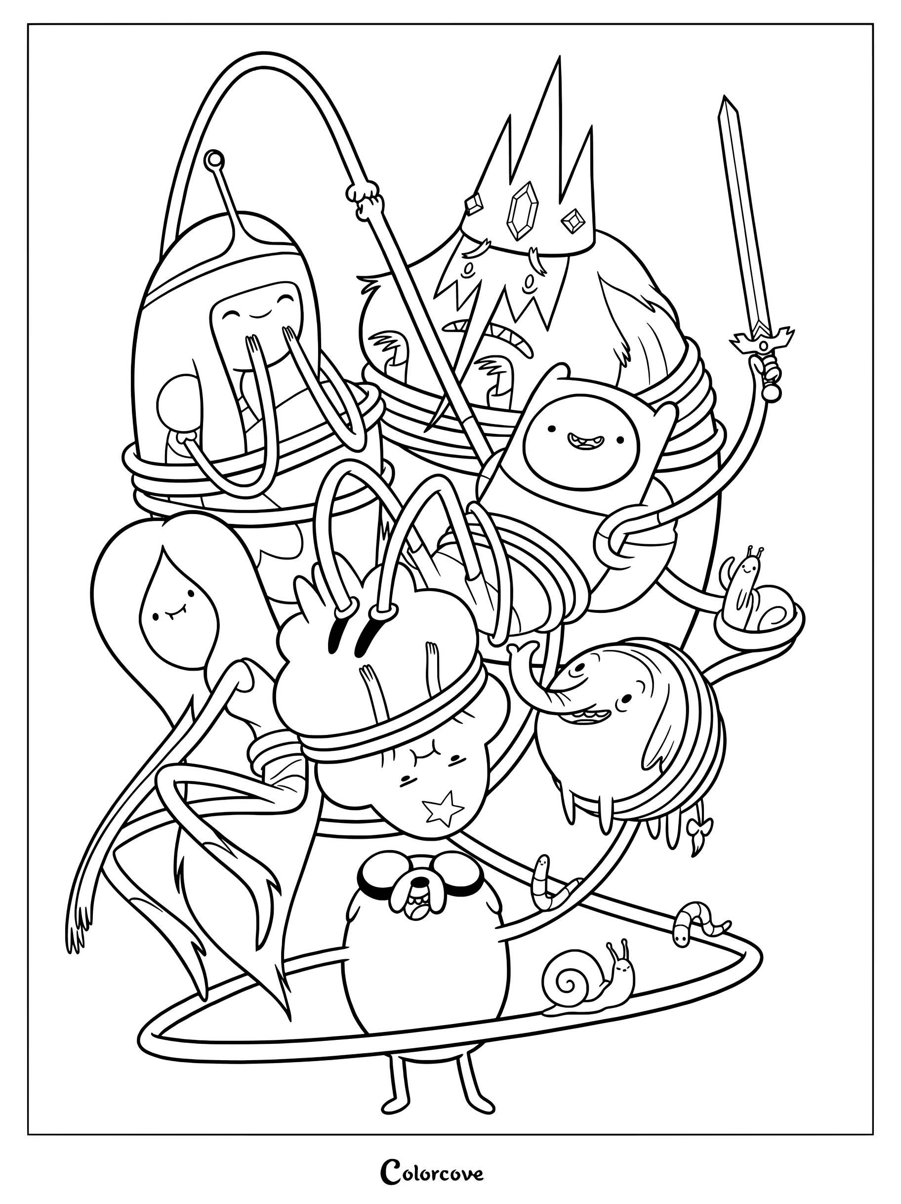 Detailed Adventure Time coloring page featuring Finn, Jake, Princess Bubblegum, Ice King, Marceline, and Tree Trunks.