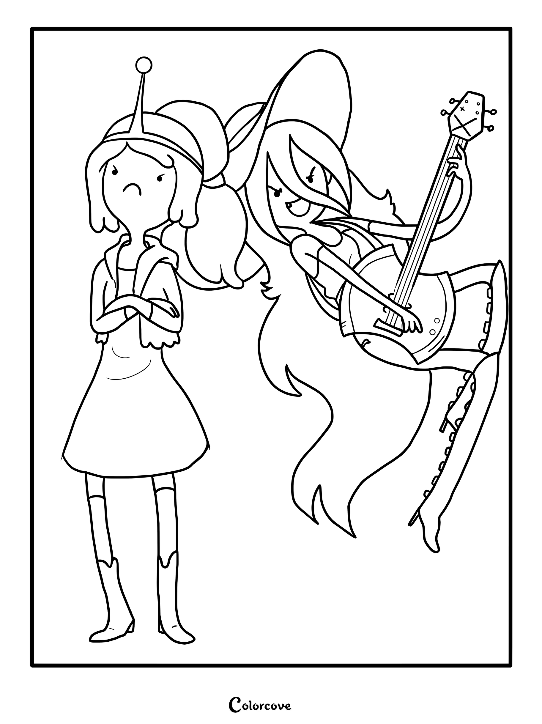 Detailed coloring page of Marceline playing bass guitar while Princess Bubblegum stands with arms crossed.