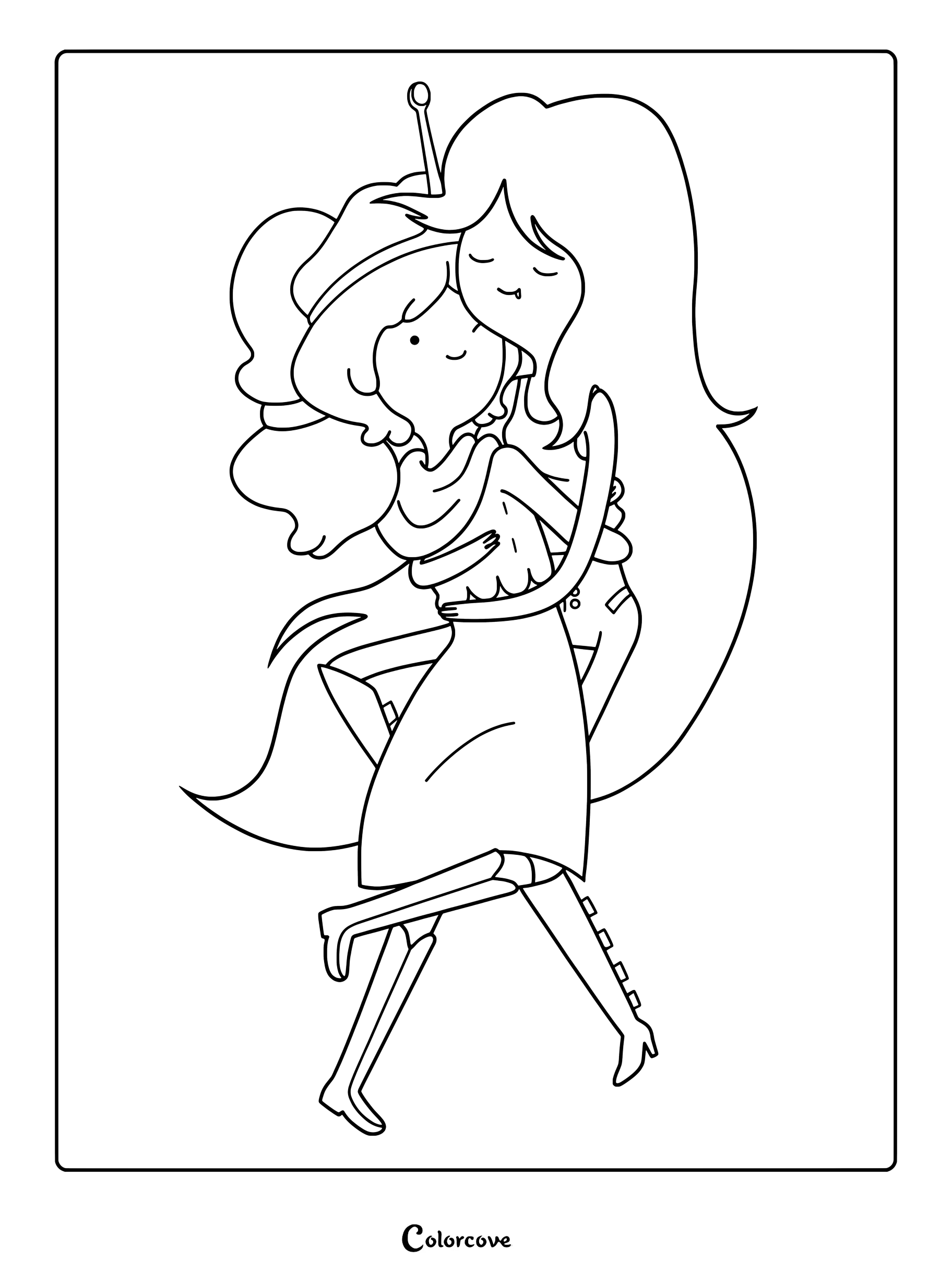 Simple coloring page of Marceline the Vampire Queen lifting Princess Bubblegum in a warm, affectionate hug.